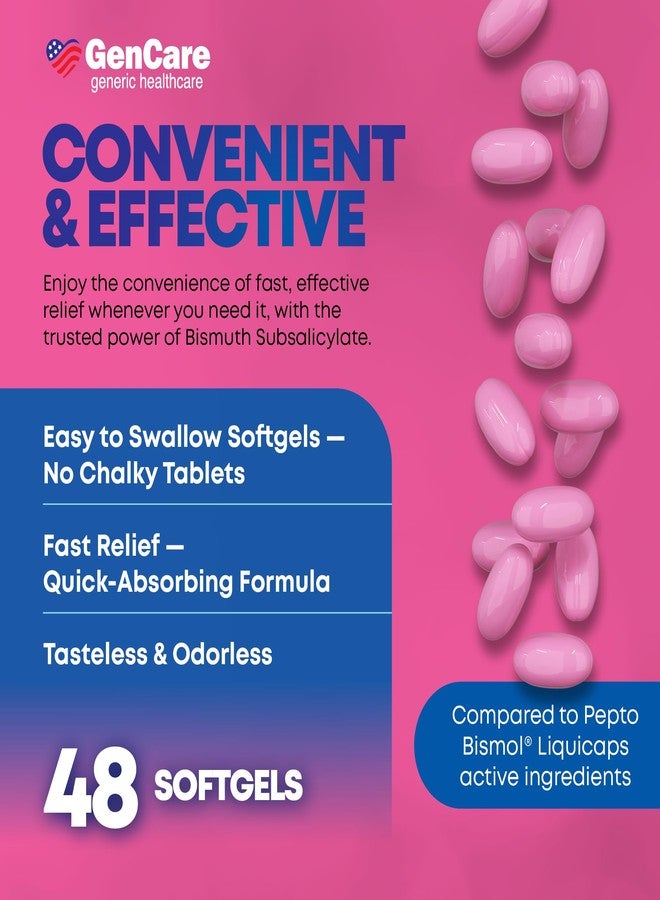 GenCare Upset Stomach Relief – 48 Softgels – Bismuth Subsalicylate 262 mg Antidiarrheal Medication – Acid Reflux Medicine for Nausea, Heartburn & Indigestion Relief – Generic for Pepte Bismol Tablets - Image 4